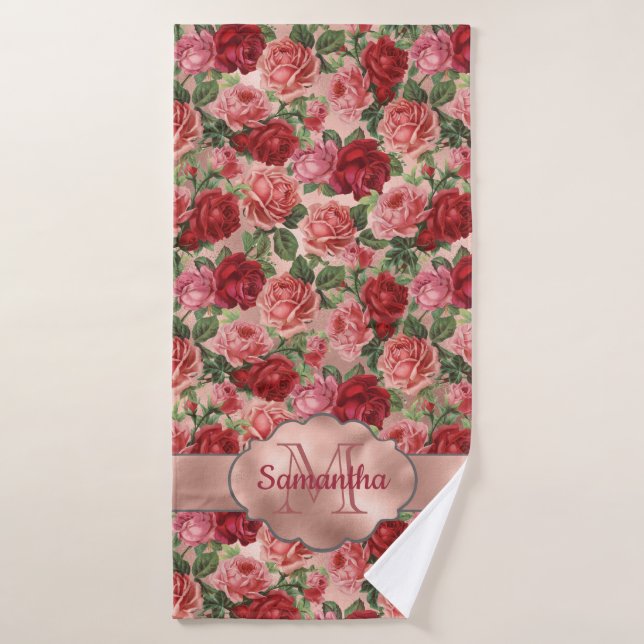 Elegant Vintag Rosa Rosa Rose Mit Monogramm Badehandtuch (Badehandtuch)
