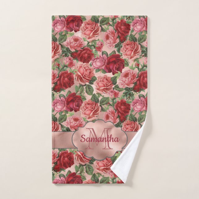 Elegant Vintag Rosa Rosa Rose Mit Monogramm Handtuch (Handtuch)