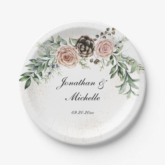 Elegant Vintag Rosa Rosengrün Pappteller (Vorderseite)