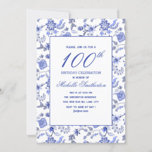 Elegant Vintage Antik Blau Blumen 100. Einladung