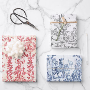 Elegant Vintage Blau Rot Grau Toile Geschenkpapier Set