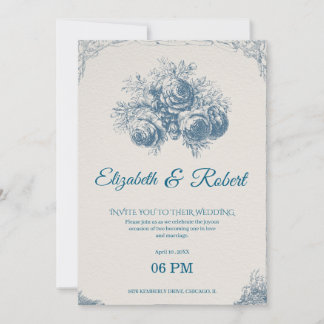 Elegant Vintage Blue Floral Wedding Invitation Einladung