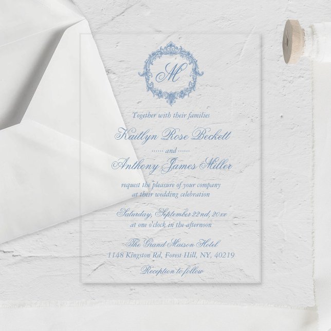 Elegant Vintage Blue Toile Monogram Wedding Acryleinladungen (Von Creator hochgeladen)