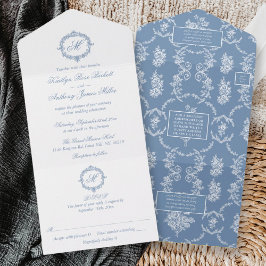 Elegant Vintage Blue Toile Monogram Wedding All In One Einladung