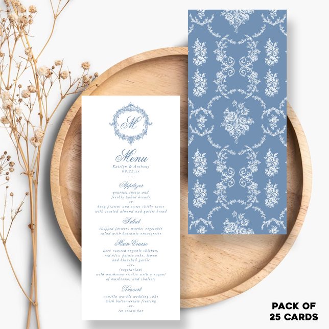 Elegant Vintage Blue Toile Monogram Wedding Menus Werbekarte (Von Creator hochgeladen)
