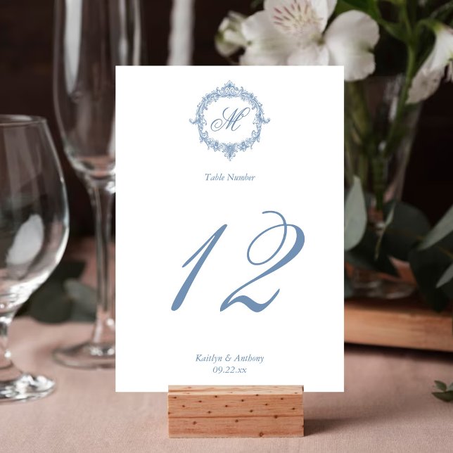 Elegant Vintage Blue Toile Monogram Wedding Tischnummer (Von Creator hochgeladen)