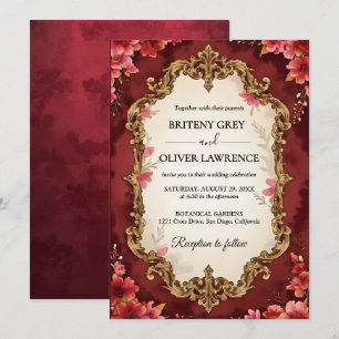 Elegant Vintage Blumig Bordeaux und Gold Hochzeit Einladung