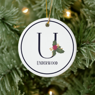 Elegant Vintage Christmas Monogram Initial U Keramik Ornament
