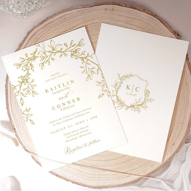 Elegant Vintage Crest Gold Botanical Wedding Einladung (Elegant gold botanical crest wedding invitations)
