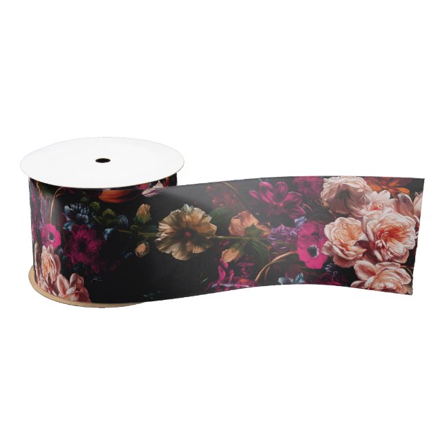 Elegant Vintage Dark Moody Burgundy Floral  Satinband (Spule)