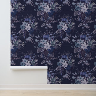 Elegant Vintage Dunkles Moody Blaues Blumenmuster Tapete