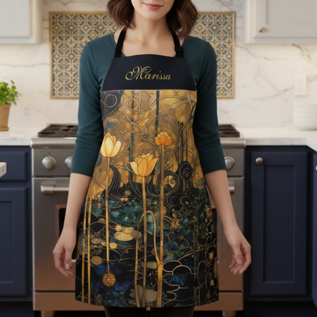 Elegant Vintage Floral Apron Schürze (elegant black gold vintage art nouveau floral apron with custom name in beautiful script calligraphy)