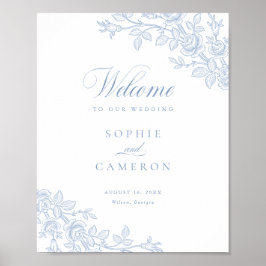 Elegant Vintage Floral Dusty Blue Wedding Welcome Poster