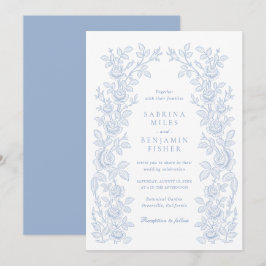 Elegant Vintage Floral Frame Dusty Blue Wedding Einladung