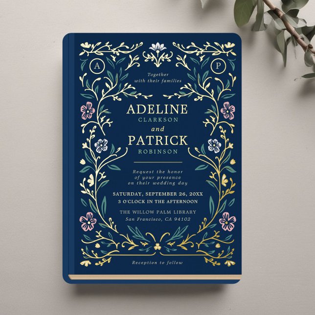 Elegant Vintage Floral Library Book Wedding Folieneinladung (Von Creator hochgeladen)