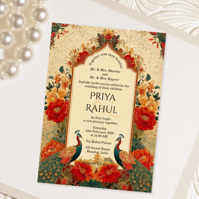 Elegant Vintage Floral Peacock Indian Wedding Einladung (Elegant Vintage Floral Peacock Indian Wedding Invitation)