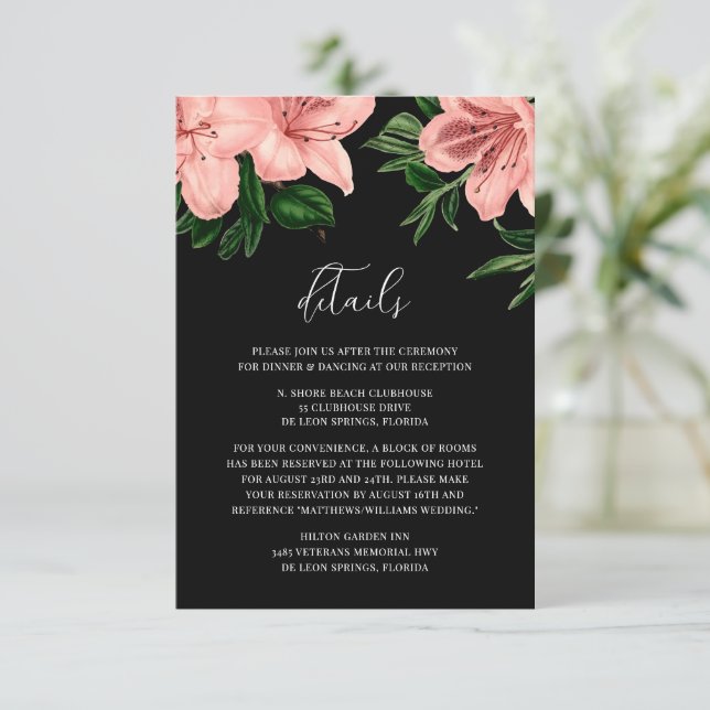 Elegant Vintage Floral Pink and Black Wedding  Begleitkarte (Stehend Vorderseite)