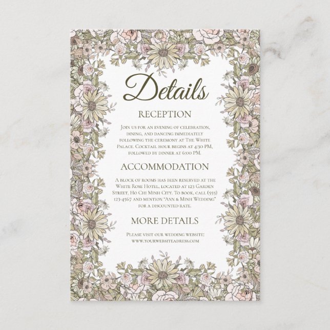 Elegant Vintage Floral Wedding Details Card Begleitkarte (Vorderseite)
