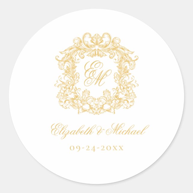 Elegant Vintage Gold Monogram Crest Wedding  Runder Aufkleber (Vorderseite)