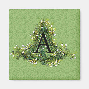 Elegant Vintage green Floral initial A monogram Magnet