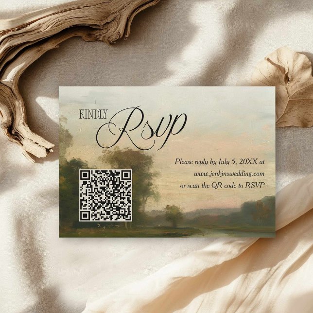 Elegant Vintage Landscape QR Code Wedding RSVP Karte (Elegant Landscape Vintage Wedding RSVP with QR Code)