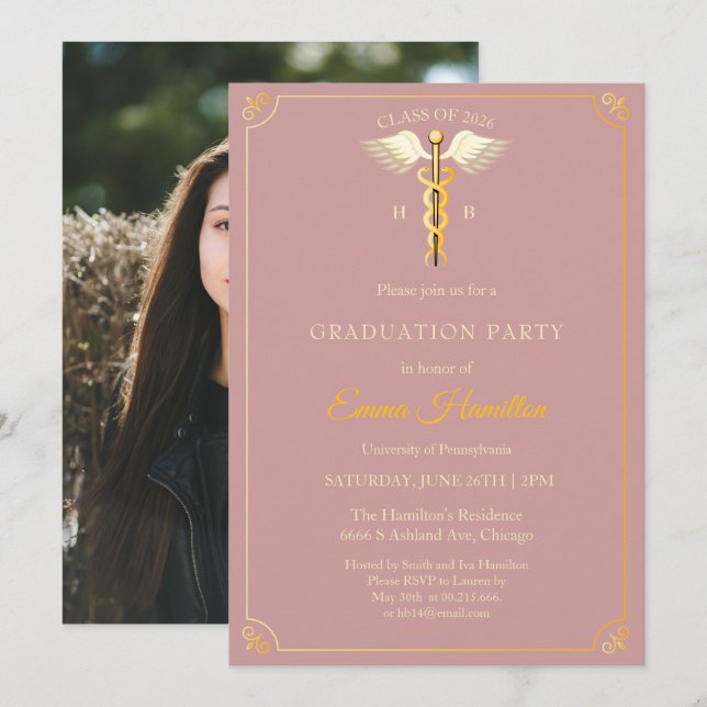 Elegant Vintage Medical Graduation Invitation | Du Einladung (Vorne/Hinten)