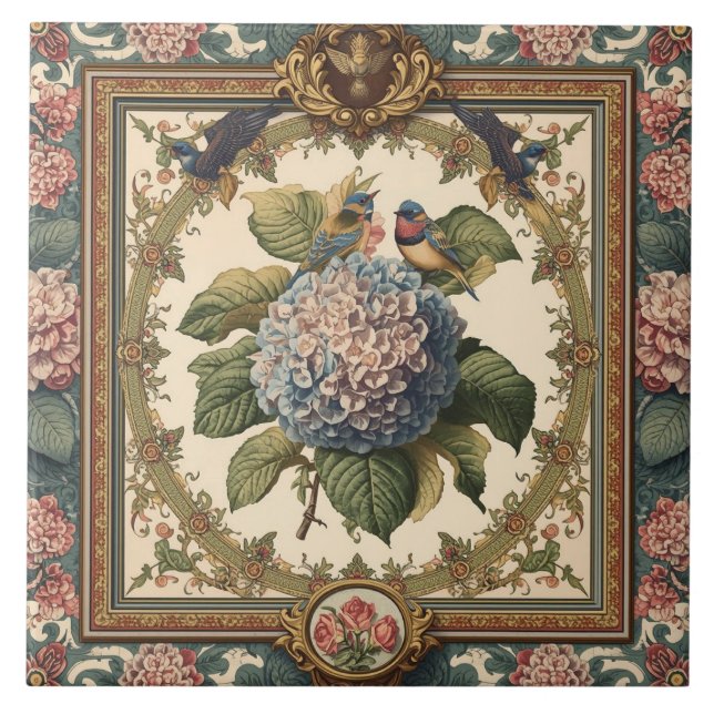 Elegant Vintage Nouveau Floral Birds Fliese (Vorderseite)