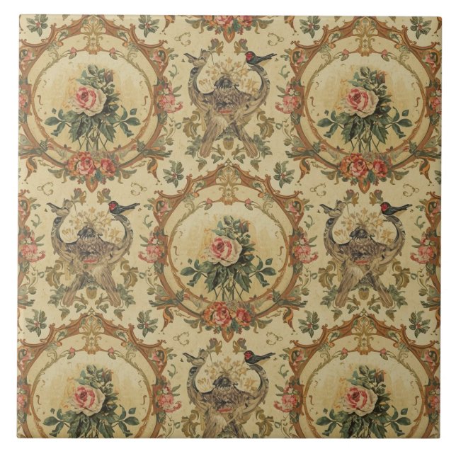 Elegant Vintage Nouveau Floral Birds Fliese (Vorderseite)