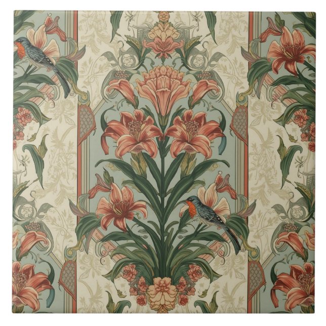 Elegant Vintage Nouveau Floral Birds Fliese (Vorderseite)
