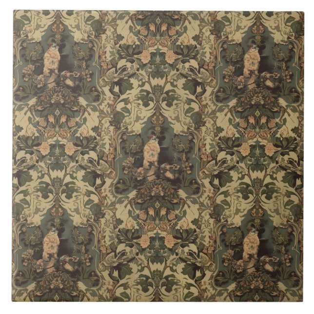 Elegant Vintage Nouveau Floral Birds Fliese (Vorderseite)