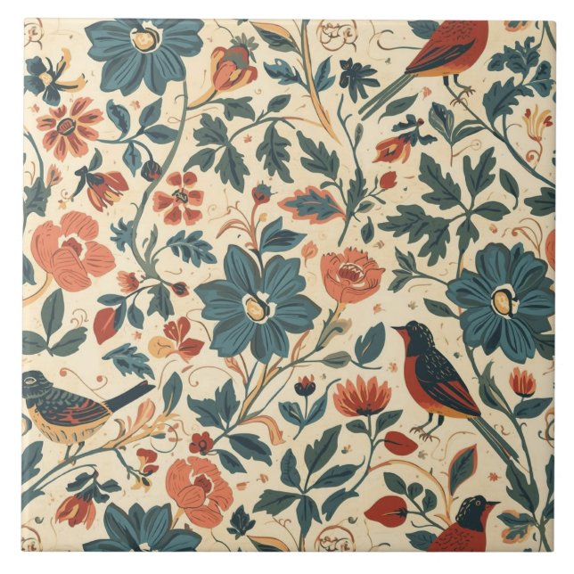 Elegant Vintage Nouveau Floral Birds Fliese (Vorderseite)