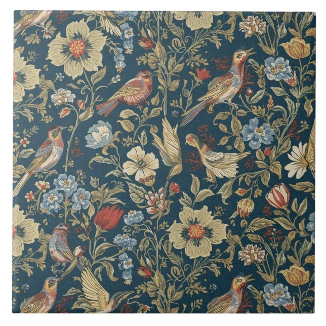 Elegant Vintage Nouveau Floral Birds Fliese (Vorderseite)