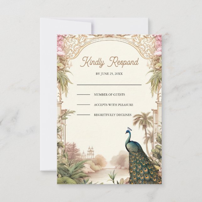 Elegant Vintage Peacock Garden Indian Wedding RSVP Karte (Vorderseite)