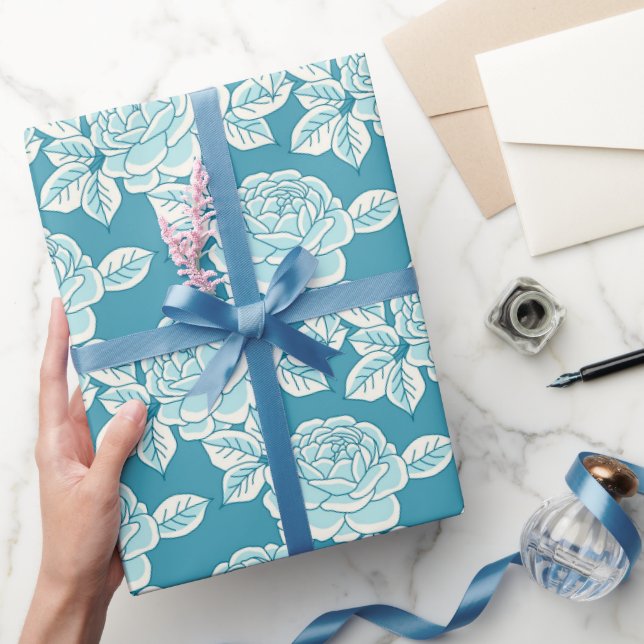  Elegant Vintage Peony Gift Wrap in Blue Geschenkpapier (Schenken)