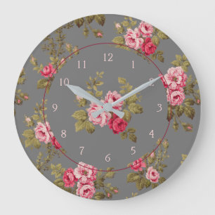 Elegant Vintage Roses on Gray Background Große Wanduhr