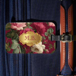 Elegant Vintage Rote Rose Florale Monogrammierte Gepäckanhänger