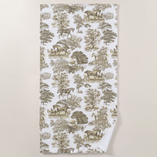Elegant Vintage Rustikal Gold Beige Pferde Toile  Strandtuch