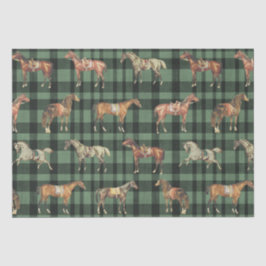 Elegant Vintage Saddled Horses Green Plaid Seidenpapier