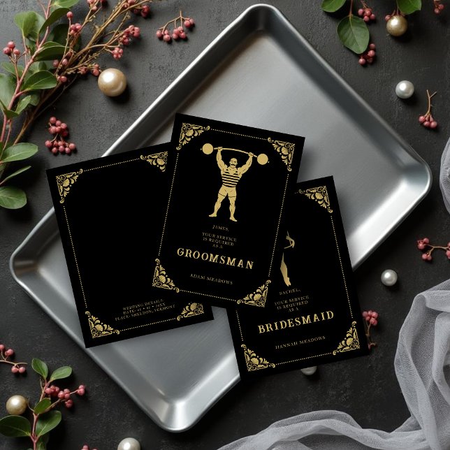 Elegant Vintage Strongman Golden Effect Groomsman (Elegant Vintage Strongman Golden Effect Groomsman or Best Man Proposal Cards.)