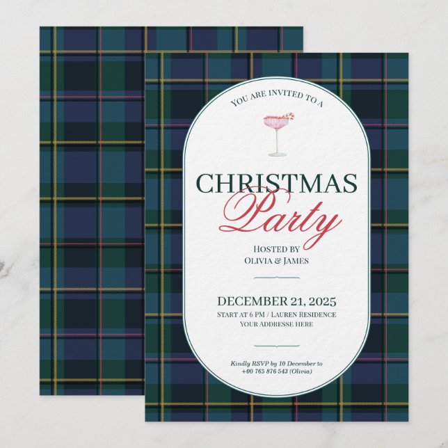 Elegant vintage Tartan Plaid Christmas Invitation Einladung (Vorne/Hinten)