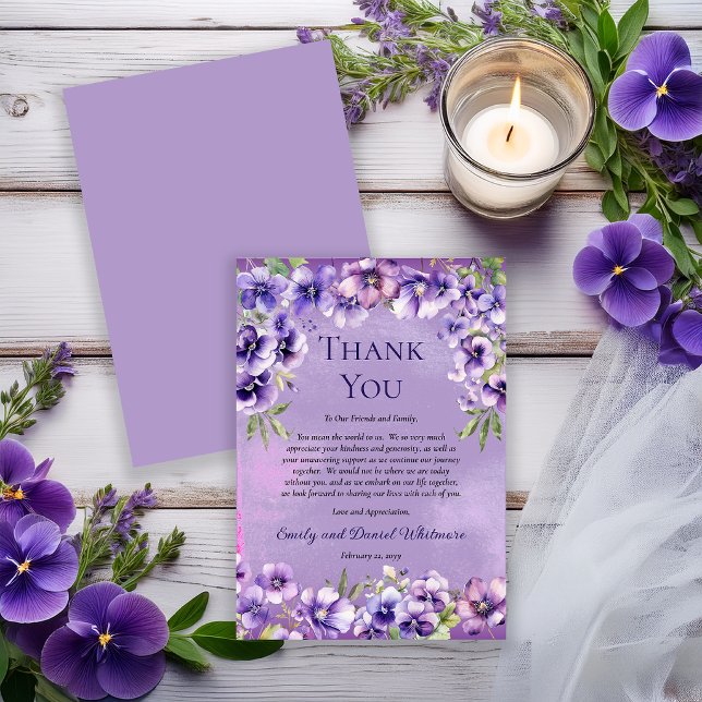 Elegant Violet Floral Wedding Thank You Card Dankeskarte (Elegant violet florals for a refined and timeless wedding thank you card.)