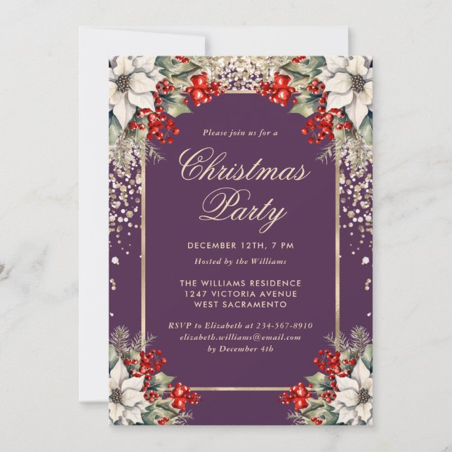 Elegant Violet Gold Botanical Christmas Party Einladung (Vorderseite)