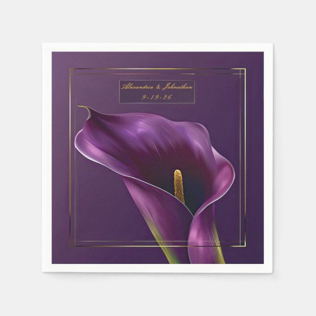 Elegant Violet & Gold Calla Lily Wedding Serviette (Vorderseite)