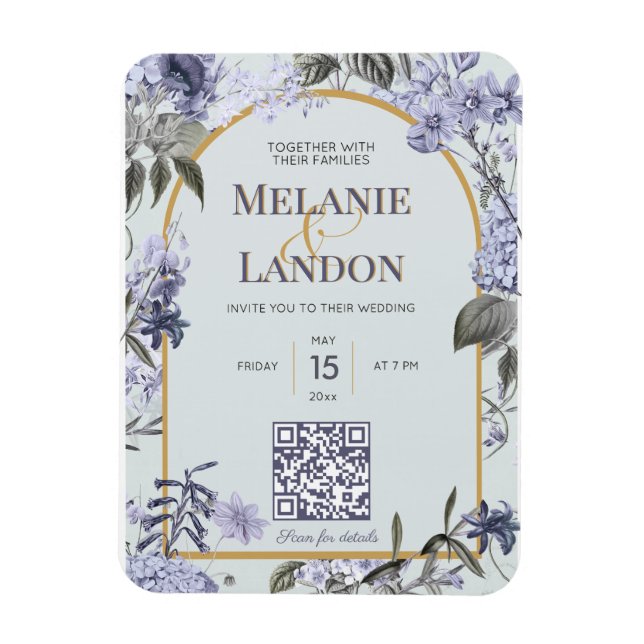 Elegant violet & gold hydrangea wedding invitation magnet (Vertikal)