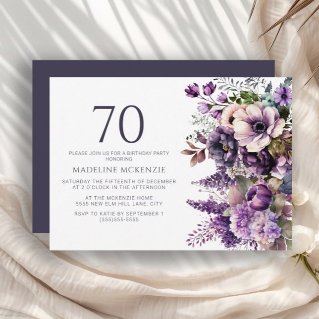 Elegant violette Blumen Erwachsene 70. Geburtstag Einladung (Purple and pink floral 70th birthday party invitation)