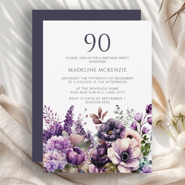 Elegant violette Blumen Erwachsene 90. Geburtstag Einladung (Purple and pink floral 90th birthday party invitation)