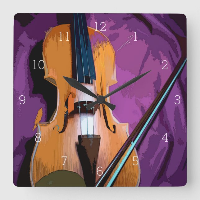 Elegant Violin on Purple Silk, Clock Square Quadratische Wanduhr (Vorderseite)