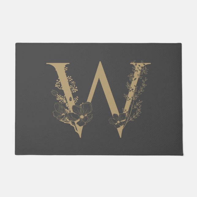 Elegant W Boho Floral Monogram Initial Gray Gold Fußmatte (Vorderseite)
