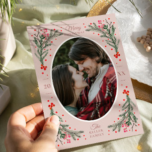 Elegant Watercolor 2 Photo Christmas Flat Blush Feiertagskarte