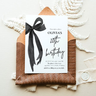 Elegant Watercolor Black Bow 20. Geburtstagsparty Einladung